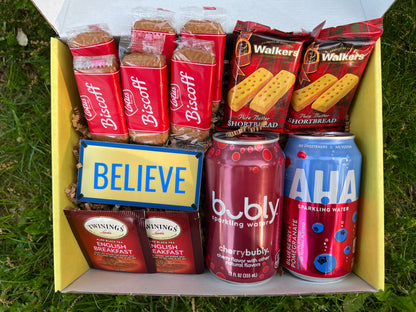 Snack Box for a Ted Lasso TV night | Shortbread in Pink Box, Biscuits, Spicy Water, Believe Sticker, British Tea Time