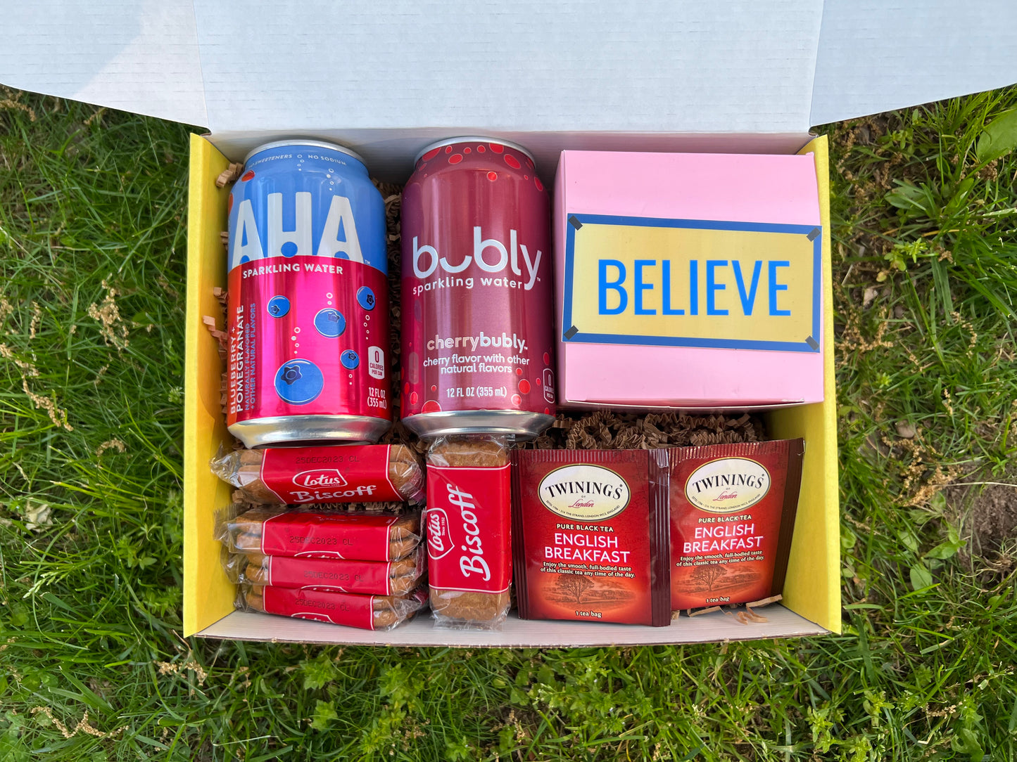 Snack Box for a Ted Lasso TV night | Shortbread in Pink Box, Biscuits, Spicy Water, Believe Sticker, British Tea Time