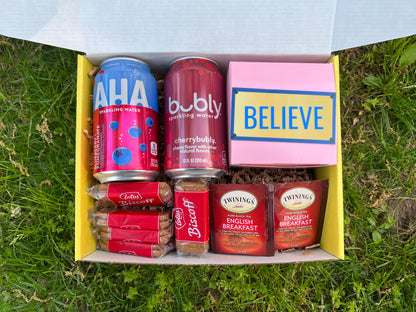 Snack Box for a Ted Lasso TV night | Shortbread in Pink Box, Biscuits, Spicy Water, Believe Sticker, British Tea Time